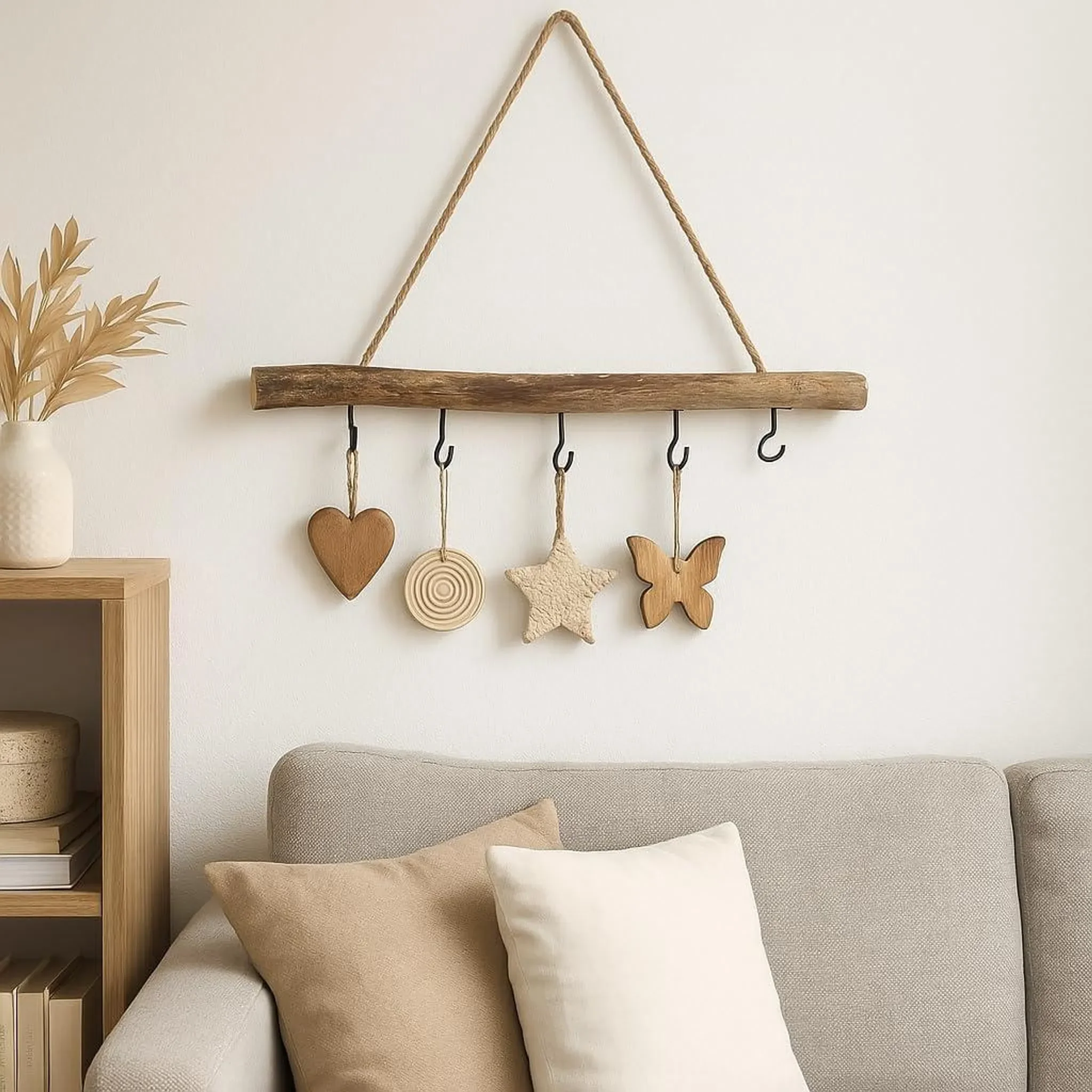 Deko-Holzstange zum Hängen – 50 cm mit 5 Haken & Naturkordel